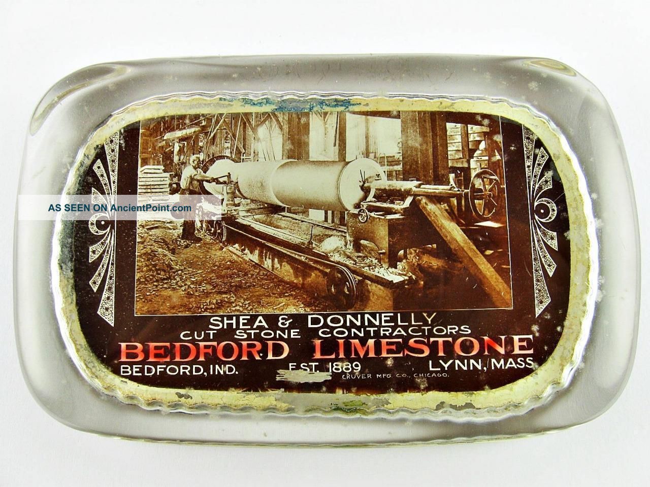 Antique Bedford Limestone,  Indiana Stone Cutters Advertising Glass Paperweight Mining photo