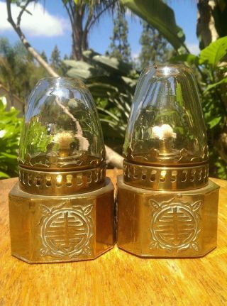 Antique Brass Opium Oil Lamps W/original Glass Shades Made In Hong Kong. photo
