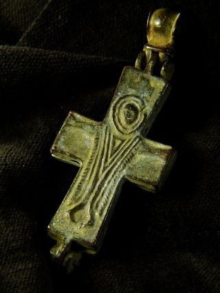 Wonderful Antique Ancient Byzantine Bronze Reliquary Crucifix Cross Pendant photo