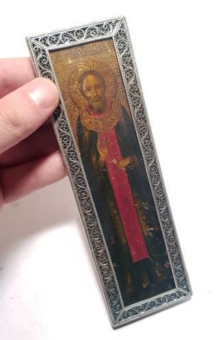 Russia Orthodox Hand Painted Icon St.  Seraphim Of Sarov.  Hallmarked Silver Frame. photo