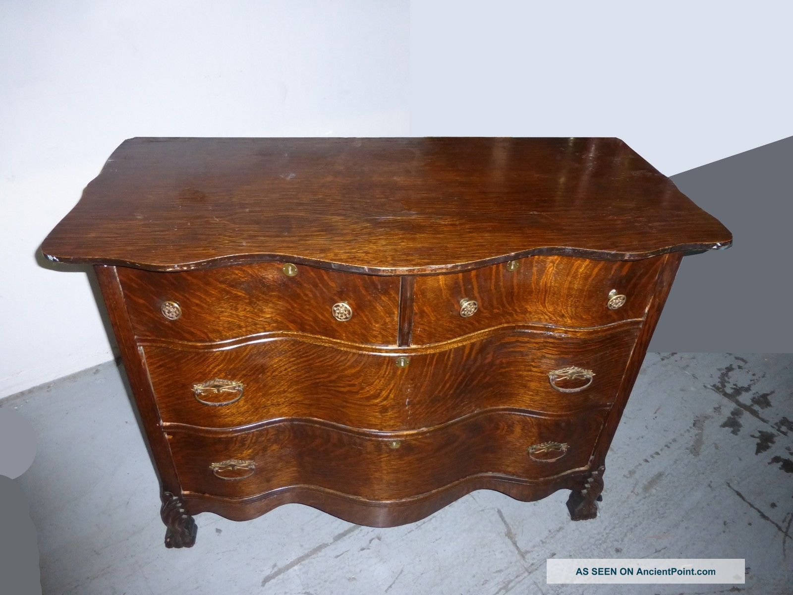 Vintage Bombay Style Serpentine Tiger Oak Chest Of Drawers Dresser