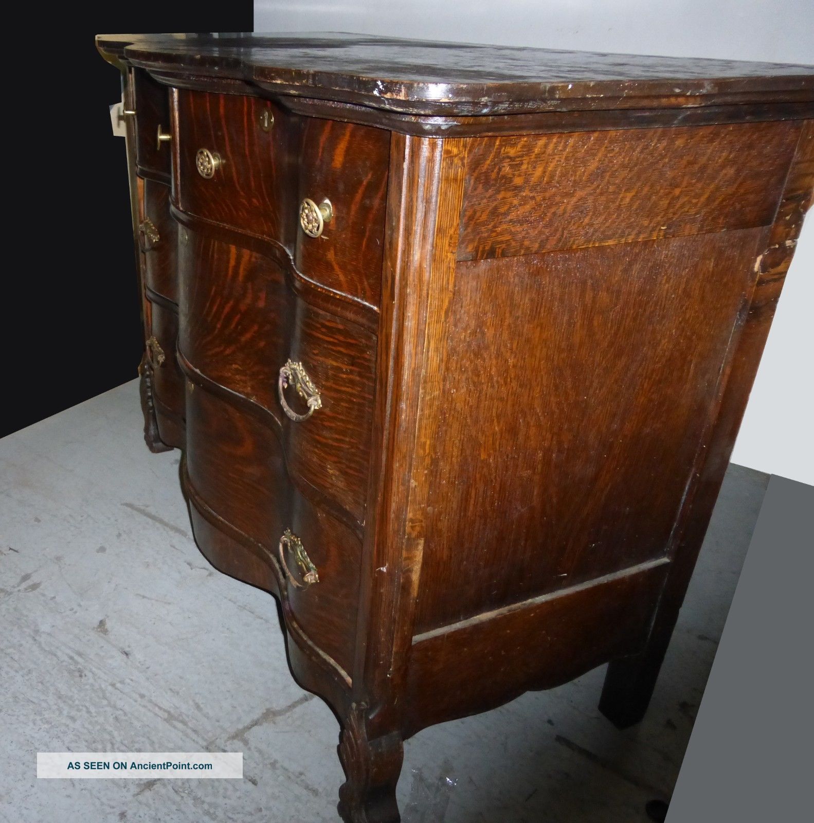 Vintage Bombay Style Serpentine Tiger Oak Chest Of Drawers Dresser