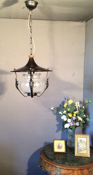 Lovely French Vintage Cast Iron Frosted And Clear Glass Lantern Porch Light M2 photo