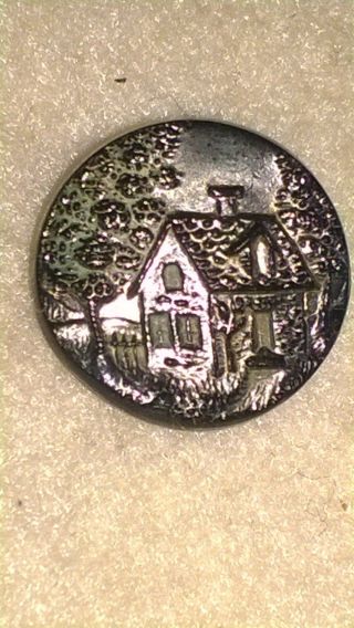 Antique Glass Pictorial Button House & Trees Silver/gold Metallic On Blk Glass photo