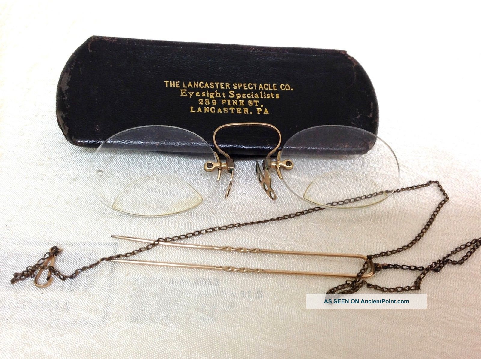 Antique Pince Nez Rimless Bifocal Glasses With Hairpin/chain,  Lancaster Pa Case Optical photo