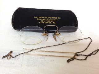 Antique Pince Nez Rimless Bifocal Glasses With Hairpin/chain,  Lancaster Pa Case photo