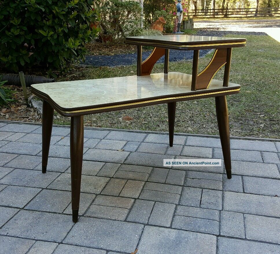 Vtg 1960s Mid Century Modern Marble Formica End Table 2 - Tier Eames Walnut Atomic Post-1950 photo