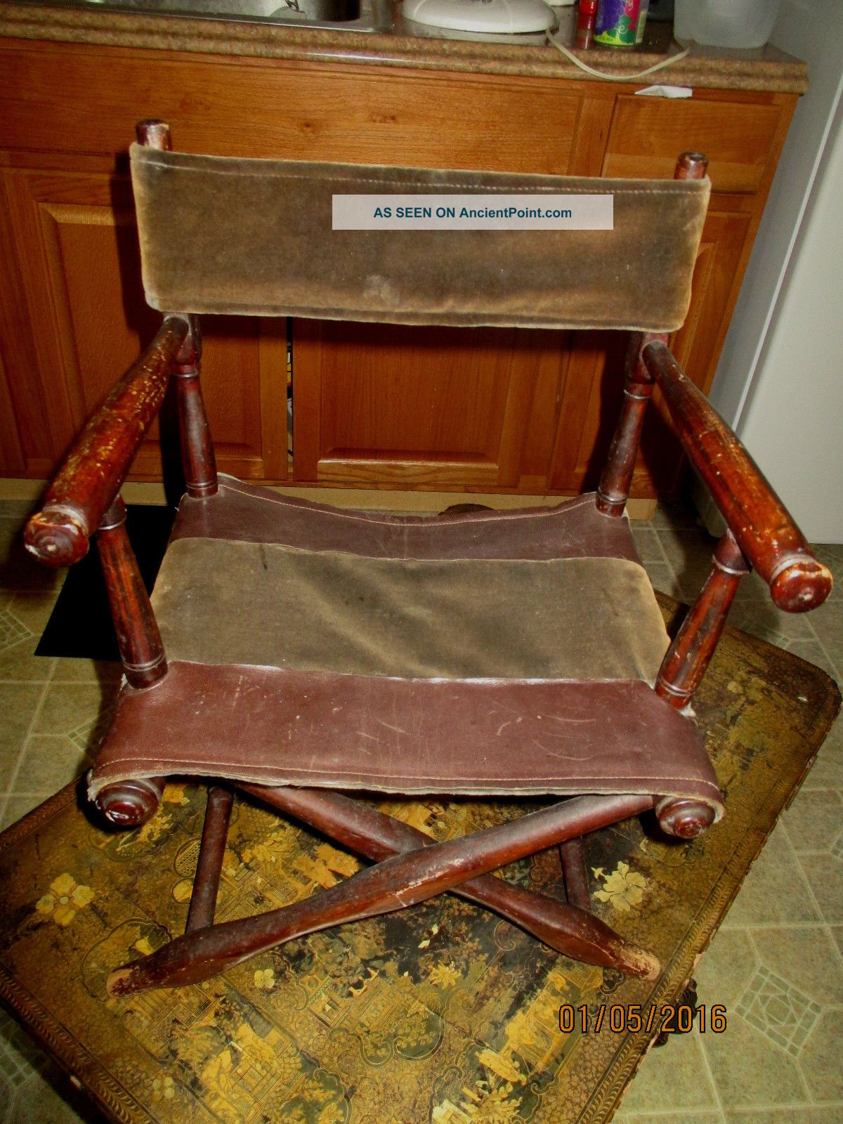 Antique Wooden Folding Chair Small Wood & Velvet Material Storage Find Very Old 1900-1950 photo