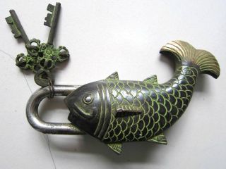 Chinese Bronze Door Lock Golden Fish Shape Auspicious Better Than Every Year Old photo