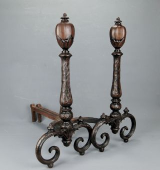 Antique Victorian Hammered Cast Iron Fireplace Andirons Bradley & Hubbard 1880s photo