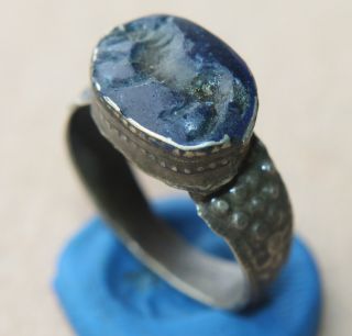 Medieval Period Silver Finger Ring & Blue Stone 1300 - 1500 Ad, photo