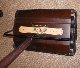 Antique Wooden Carpet Sweeper • Bissell War Model • Rug Cleaner With Wood Handle photo
