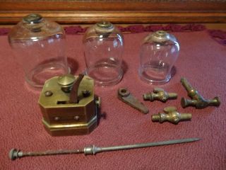 Antique Blood Letting Brass Instrument W/ 3 Glass Bleeder Cups Spigots Needle photo
