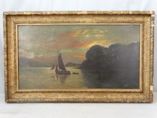 Lg Antique Victorian Era River Valley Primitive Sailboat & Mountain Old Painting photo