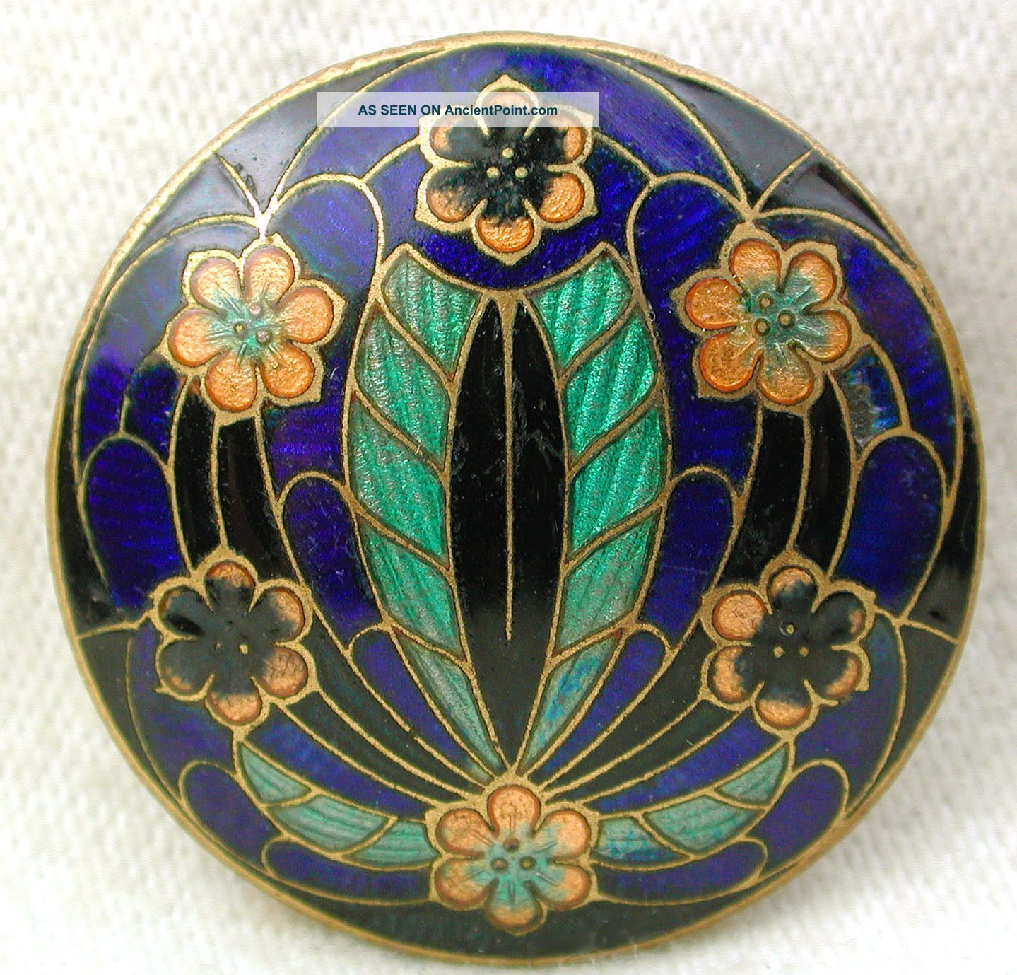Antique French Enamel Button Fancy Basse Taille Flower On Cobalt Design Buttons photo