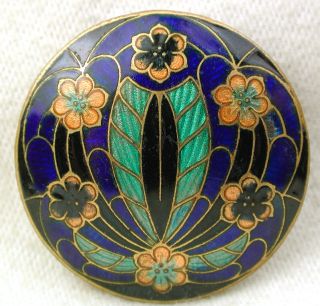 Antique French Enamel Button Fancy Basse Taille Flower On Cobalt Design photo