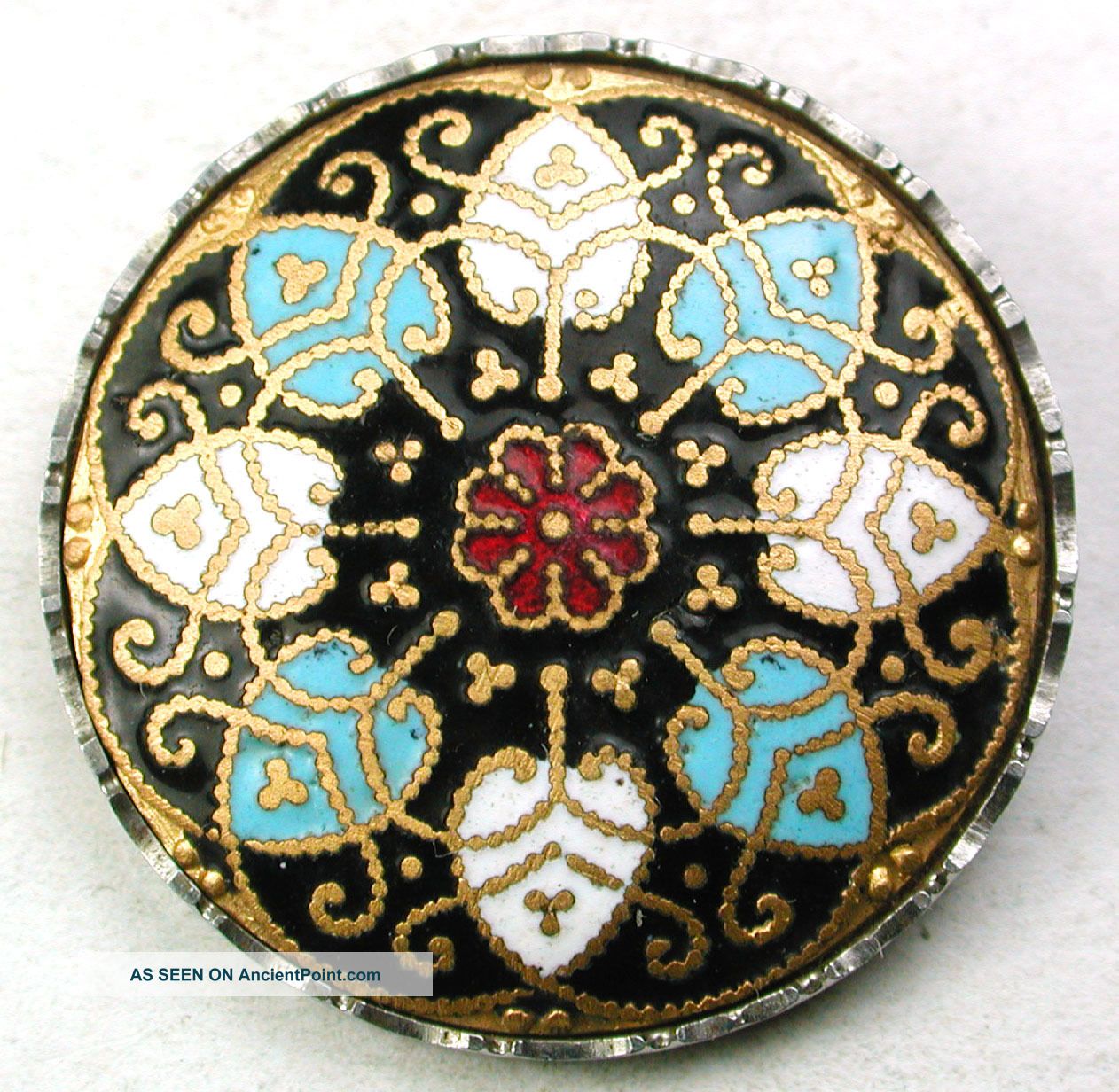 Antique Enamel In Steel Cup Button Turquoise Red & White Flower Design - 1 & 1/4 Buttons photo