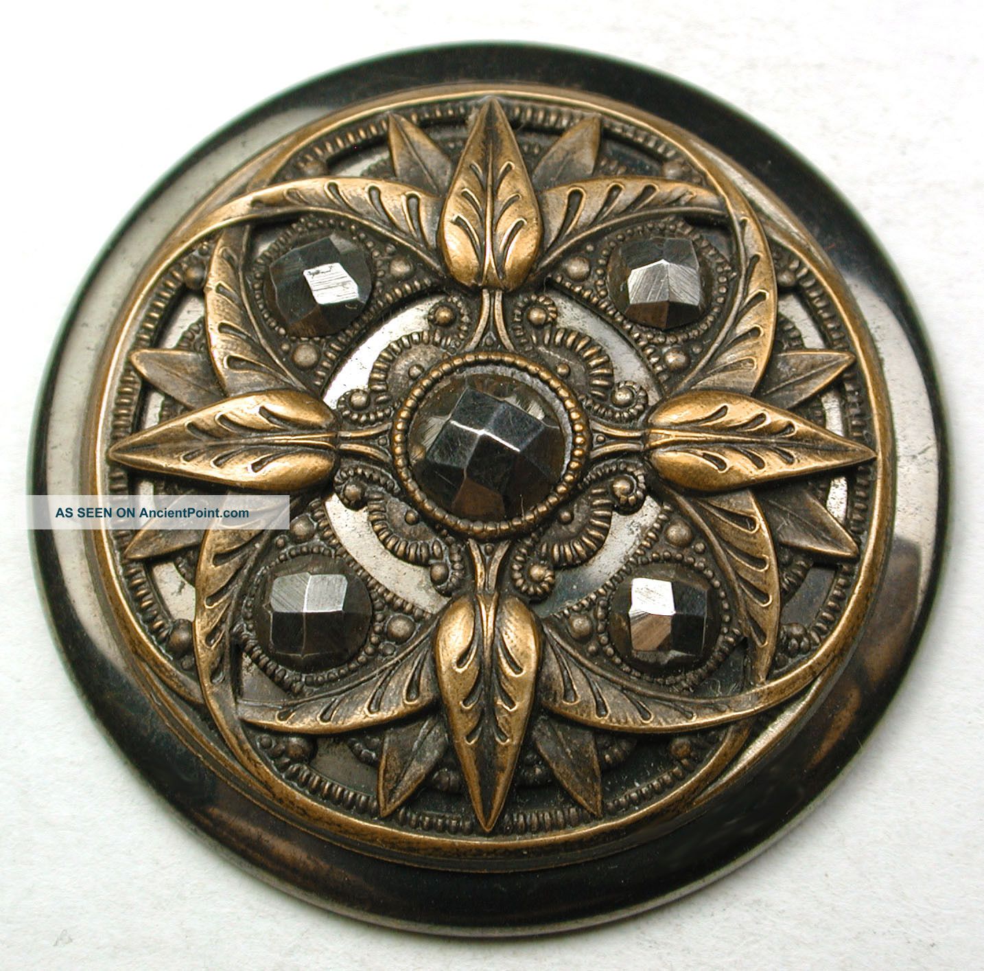 Antique Steel Button W/ Fancy Brass Design & Cut Steel Accents - 1 & 9/16 Inch Buttons photo