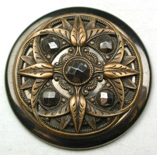 Antique Steel Button W/ Fancy Brass Design & Cut Steel Accents - 1 & 9/16 Inch photo