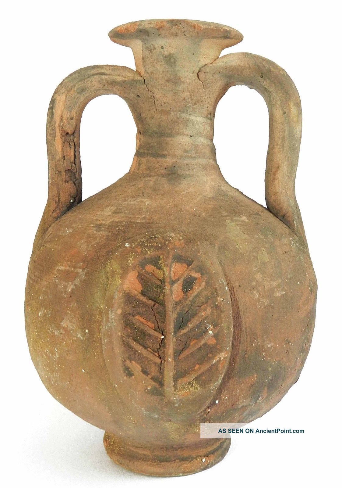 Biblical Ancient Antique Clay Pottery Jug Wine Flask W Wheat & Grain Symbol R Holy Land photo