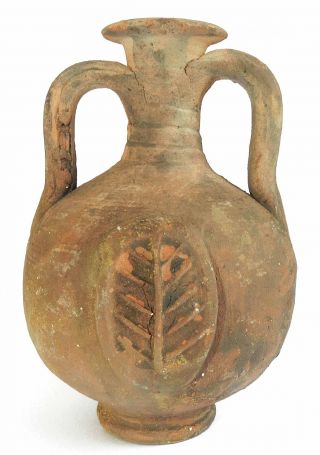 Biblical Ancient Antique Clay Pottery Jug Wine Flask W Wheat & Grain Symbol R photo