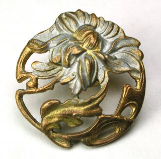 Antique Pierced Brass Button Pretty Art Nouveau Flower Design W/ Paint Accents photo