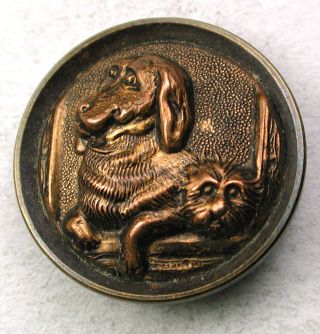Antique Copper & Steel Button 2 Dogs Hanging Out At The Fence - 11/16 Inch photo