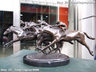 9 Signed Pure Copper Bronze & Marble Three Horse Race Compete Art Statue photo