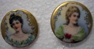 2 Antique Victorian Porcelain Maiden Portrait Buttons/studs 1” W photo