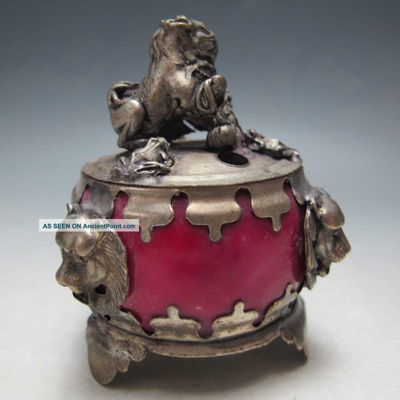 Censer Rare Beautifully Sculpted Silver Lion Jade Incense Burner Incense Burners photo