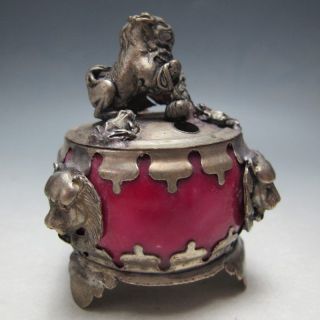 Censer Rare Beautifully Sculpted Silver Lion Jade Incense Burner photo