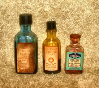 3 Early 1900 ' S Iodine Mercurochrome Bottles With Partial Contents photo