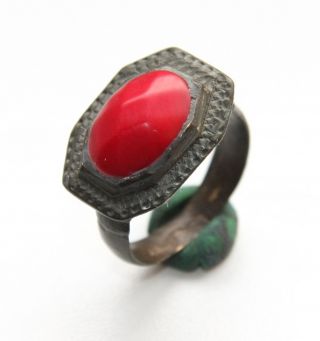 Ancient Medieval Bronze Finger Ring With Red Coral Gemstone Inlay (dcr) photo