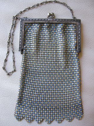Antique Art Deco Silver T Checker Board Pale Blue Enamel Chain Mail Purse W&d photo