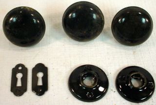 Antique Black Steel 3 Door Knobs With 2 Key Hole Covers 2 Knob Plates photo
