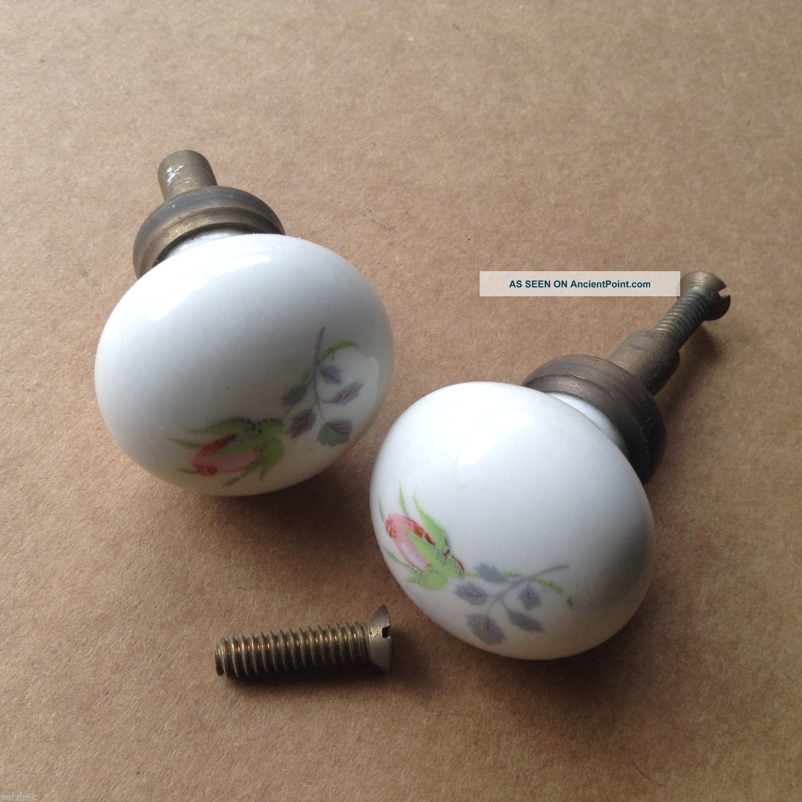 Antique Orig.  Vict.  - Porcelain&brass - Rosebbud Drawer/dresser Pull Knobs,  Screws Old Architectural & Garden photo