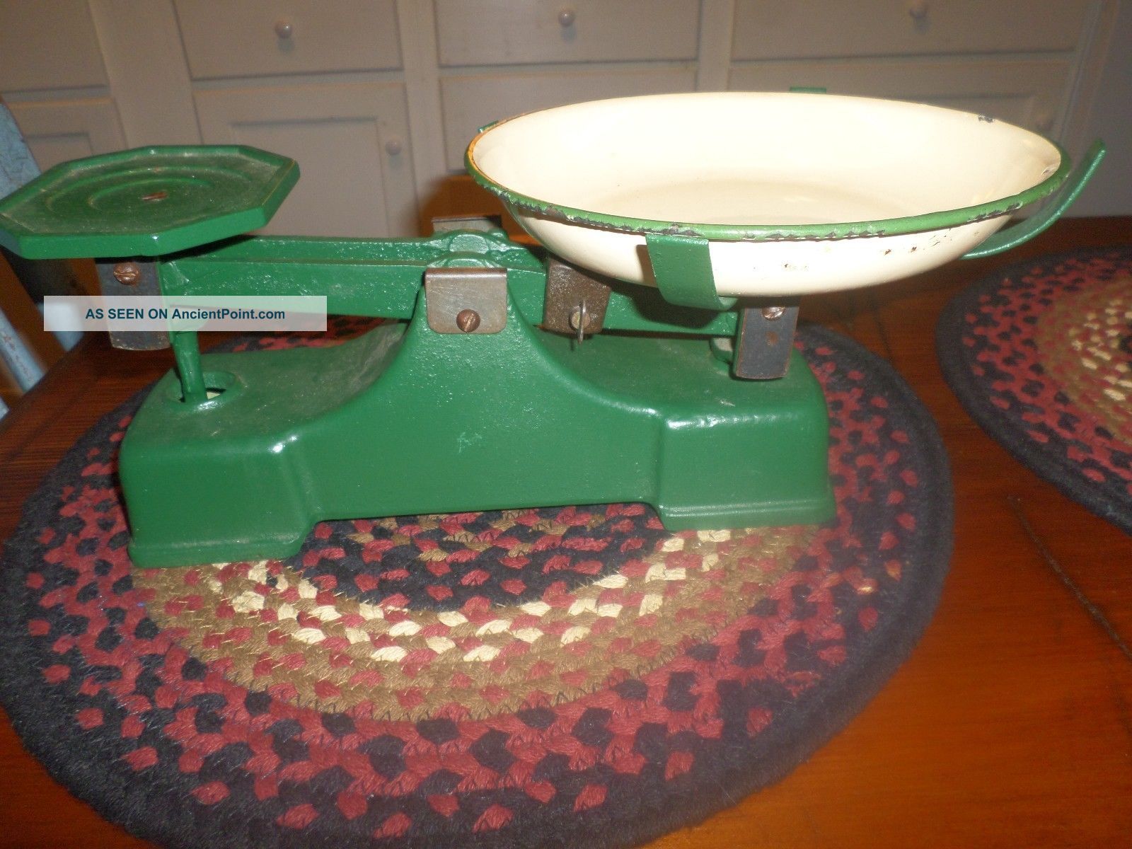 Unusual Scale,  Dark Green Cast Iron W/ Round Enamelware Pan Display Piece Primitives photo