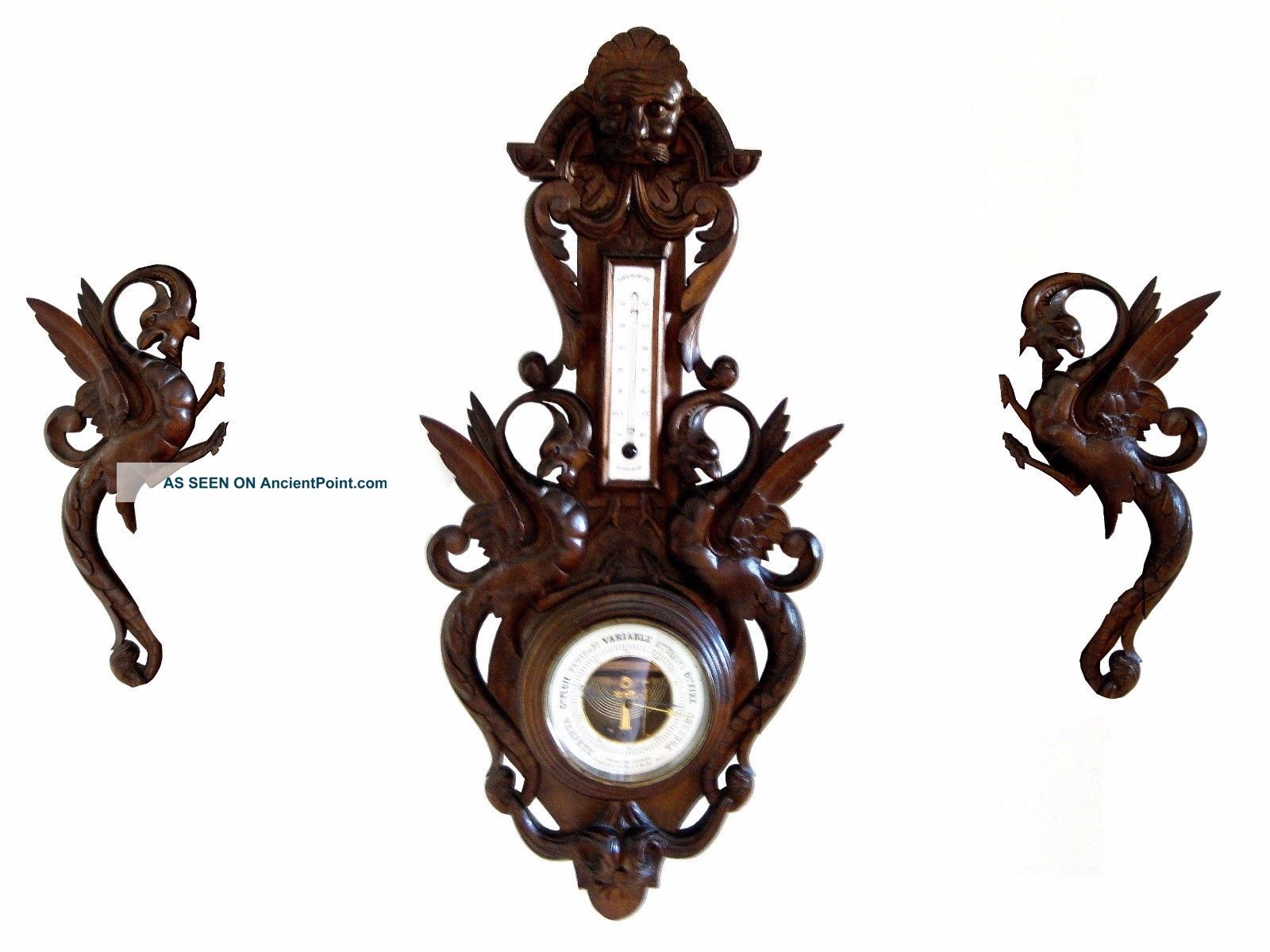 Dragons Rare French Hand Carved Wall Barometer & Thermometer Barometers photo