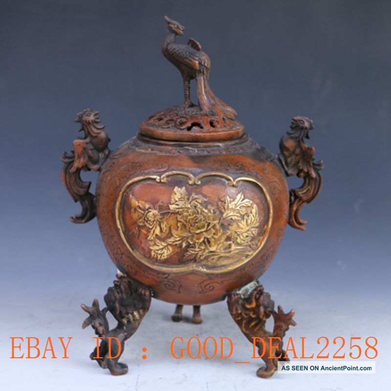 Brass Gilt Handwork Three Lions Top Phoenix Incense Burner & Hollow Out Lid Incense Burners photo