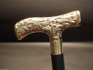 Vintage Antique Style Gold Brass,  Black Wood Victorian Walking Stick Cane photo