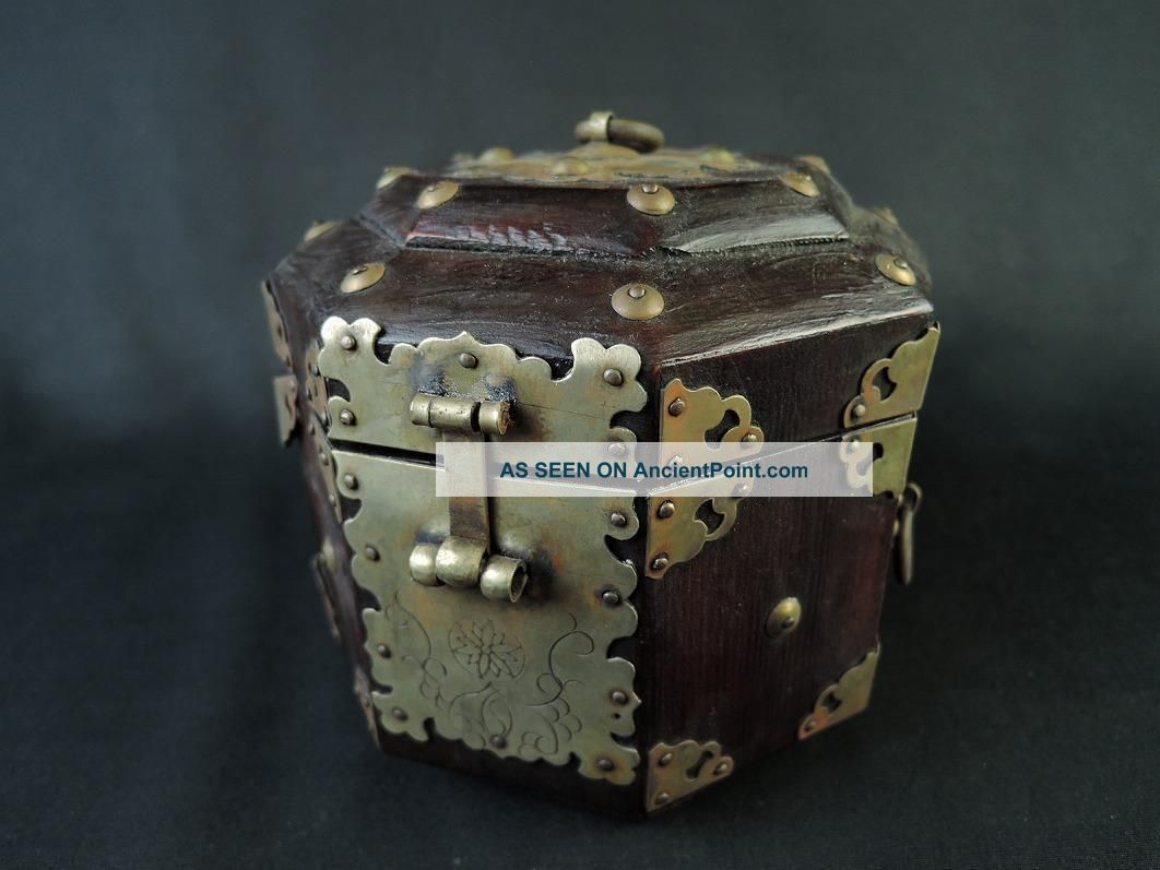 B6527: Korean Ly Dynasty Wooden Container For Article Case Box,  Copper Fittings Korea photo