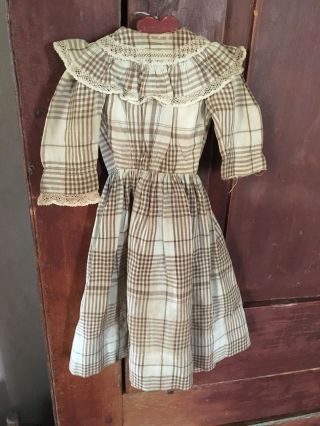 Early Antique Brown & Cream & Blue Homespun Handmade Doll Dress Textile Aafa photo