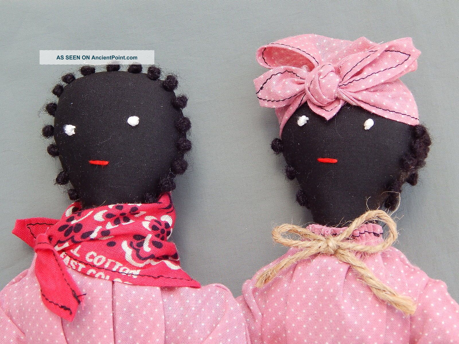 Primitive Folk Art Black Americana Boy & Girl Cloth Rag Doll Pair Calico Dress Primitives photo