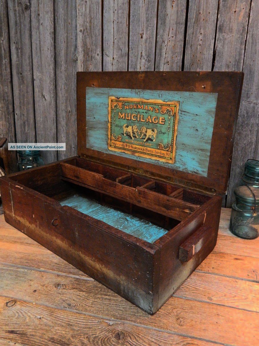 Antique Primitive Wooden Tool Box Chest Folk Art Blue Paint Bulldog Advertising Primitives photo
