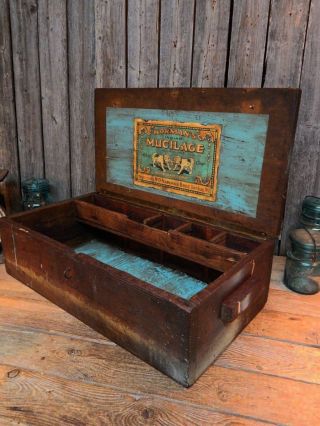 Antique Primitive Wooden Tool Box Chest Folk Art Blue Paint Bulldog Advertising photo