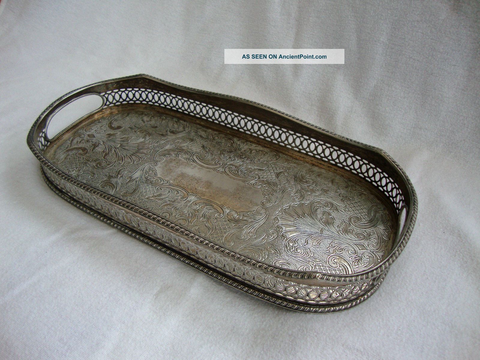 A Vintage Silver Plated On Copper Serving Tray With Raised Gallery Four Bun Feet Platters & Trays photo