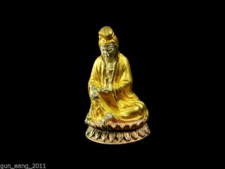 Old Gilt Bronze Guan Yin Chinese Buddha Statue Amulet photo