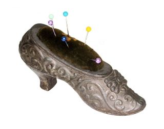 Pin Cushion Shoe Metal High Heel Velvet Repousse Victorian Antique 1800 photo