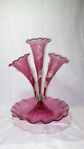 Gorgeous 4 Piece Antique Cranberry & Gold Fleck Leaves Victorian Glass Epergne photo