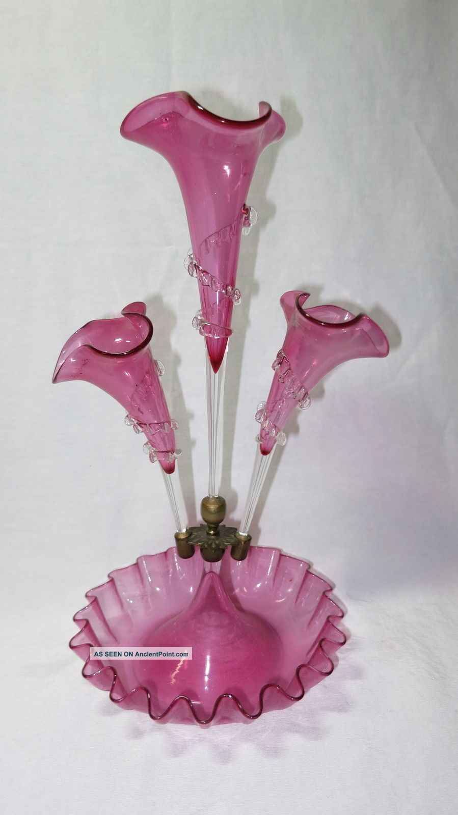 Gorgeous 4 Piece Antique Cranberry Wavy Lily Rim Victorian Glass Epergne Other Antique Glass photo
